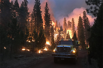 Yellow fire engine passes through the wildfire flames
