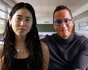 Portraits of Summer Kim Lee (left) and Uri McMillan superimposed on image of a classroom