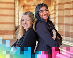 Gabrielle Malte and Harshikasai Kellampalli standing in the corridor of Royce Hall.