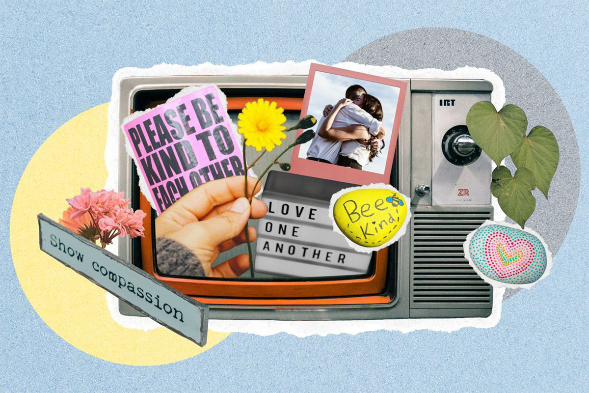 A vintage television set sits at the center of a warm, compassionate collage.