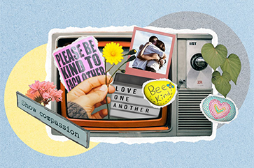 A vintage television set sits at the center of a warm, compassionate collage.