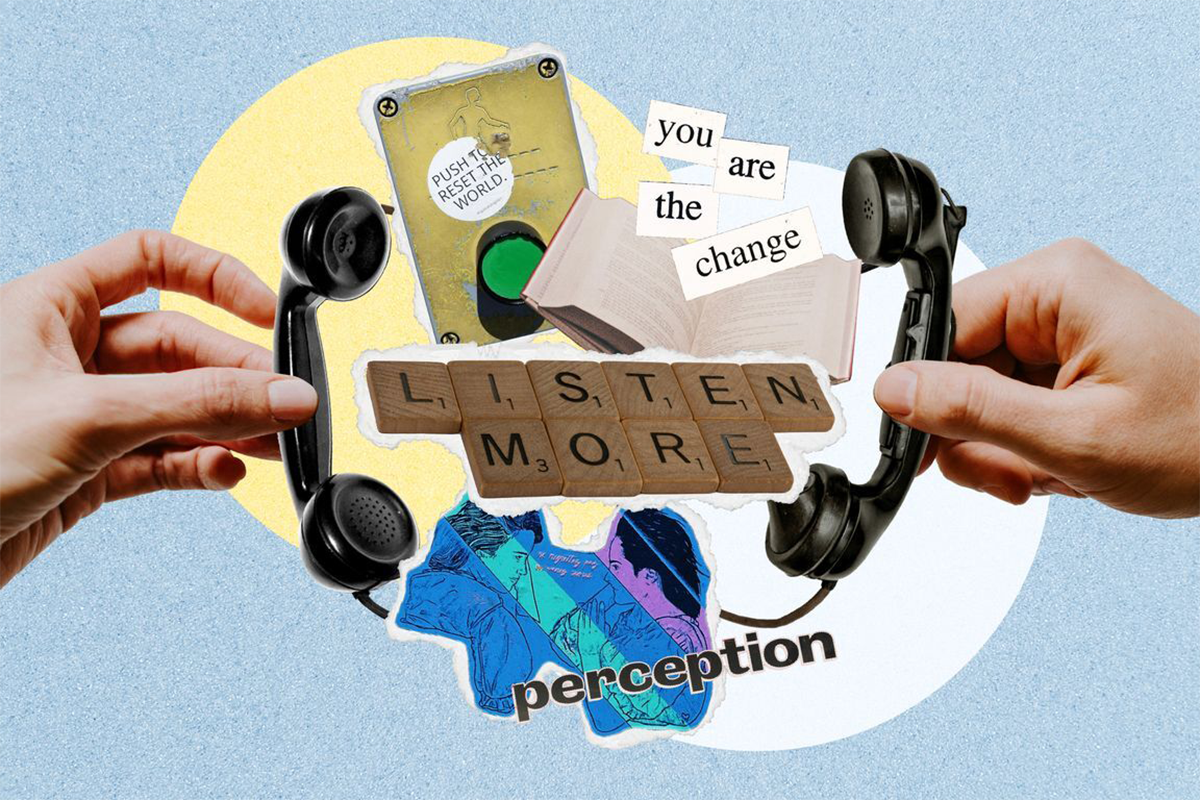 A collage-style artwork set against a textured blue background with a yellow circular shape. Two hands hold vintage telephone receivers on opposite sides, framing a central device labeled “Human Listening Device” with a green button.