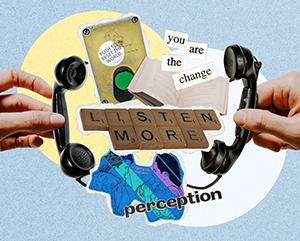 MeetingMinds_HopeIsAction_v1_mid – 363 – 241 A collage-style artwork set against a textured blue background with a yellow circular shape. Two hands hold vintage telephone receivers on opposite sides, framing a central device labeled “Human Listening Device” with a green button.