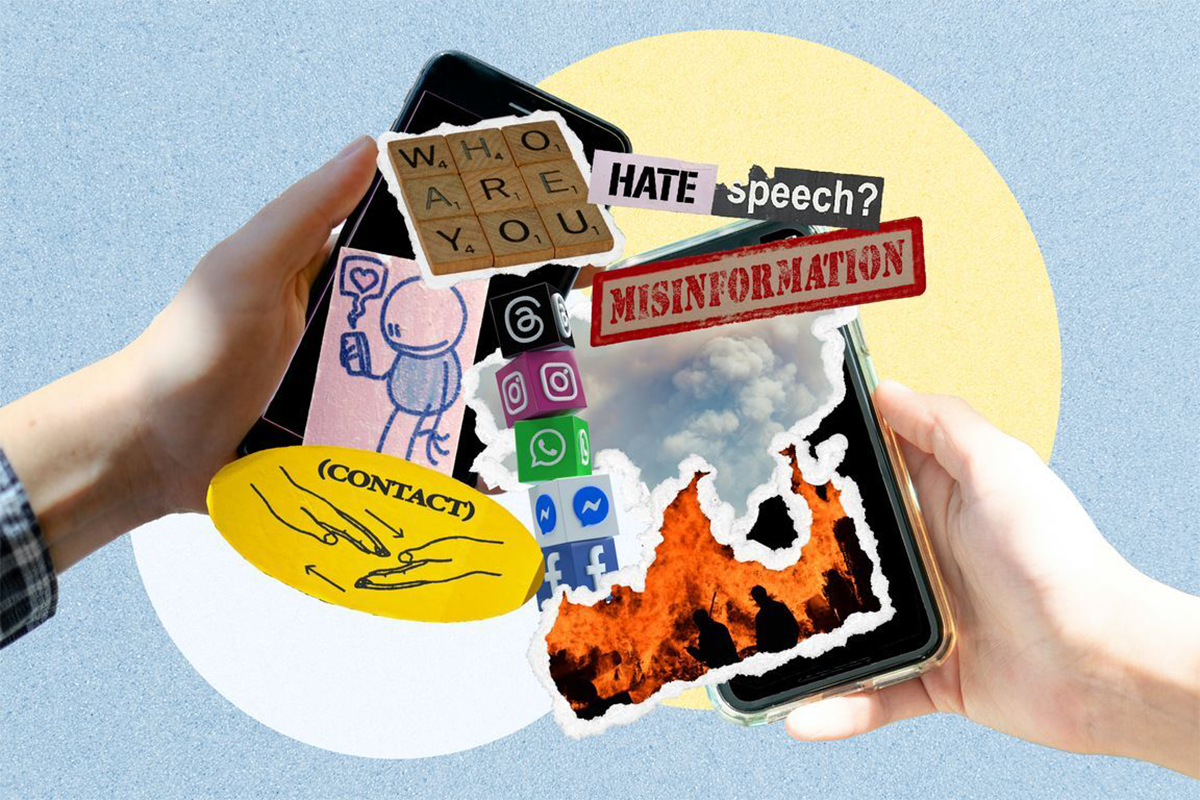 Two hands hold smartphones against a collage of digital and emotional symbols.