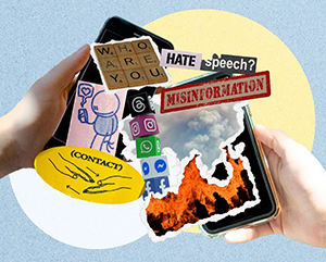 MeetingMinds_SeeingOthers_v1_mid – 363 – 241 Two hands hold smartphones against a collage of digital and emotional symbols.