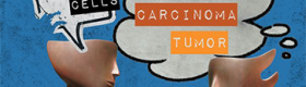 An illustration of two statue heads reacting in different ways: calmly to “atypical cells” and upset to “cancer, carcinoma, tumor”