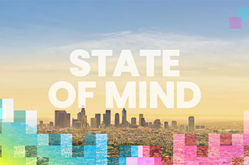 Cityscape of downtown Los Angeles at sunrise or sunset. Bold white text reads “STATE OF MIND” across the upper half. Colorful pixelated blocks in blue, green, pink, and purple frame the bottom and corners.