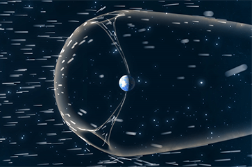 Animated graphic showing solar wind blowing against a giant magnetic bubble surrounding Earth, with two funnels in the bubble at the north and south poles.
