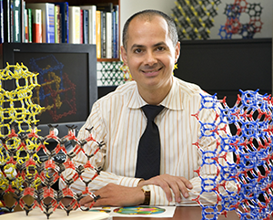 Yaghi with structural models of his MOFs at UCLA.
