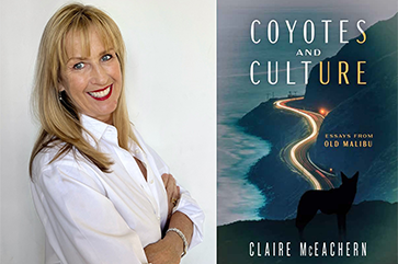 Portrait of Claire McEachern next to book cover for Coyotes and Culture