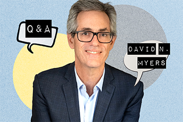 David N. Myers smiling as he wears a dark checkered suit jacket over a light blue shirt. Behind him is a textured background with overlapping circular shapes in blue, yellow, and gray. Two speech bubbles appear: one on the left reads “Q & A,” and one on the right reads “DAVID N. MYERS.”