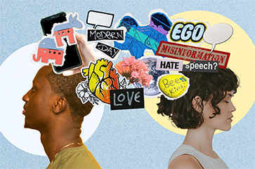 A digital collage shows two people in profile facing away from each other. Between them is a vibrant explosion of symbolic and textual elements representing thoughts and emotions. These include political symbols like a red and blue elephant, a smartphone, the words “MODERN DAY,” “EGO,” “MISINFORMATION,” and “HATE speech?”, a brain illustration, a “Bee Kind” sticker with a bee, a “LOVE” sign, a dollar sign surrounded by flowers, a speech bubble, and a cloud.
