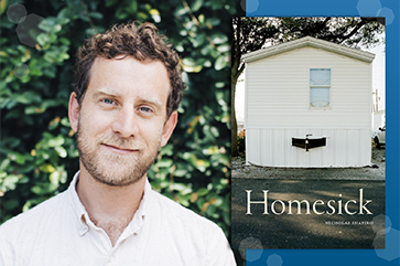 Nicholas Shapiro portrait, left, and cover of “Homesick” book showing white trailer home