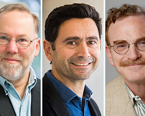 Triptych featuring hand-and-shoulders photos of UCLA alumni Nobel winners Fred Ramsdell, Ardem Patapoutian and Randy Schekman