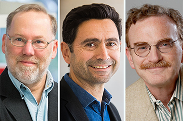 Triptych featuring hand-and-shoulders photos of UCLA alumni Nobel winners Fred Ramsdell, Ardem Patapoutian and Randy Schekman
