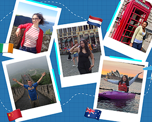 Polaroid-inspired photo collage of Aghigh Banitaba, Kailani Kainoa-Rivas, Audrey Ohwobete, Natalie Carrillo Andrade and Judson Aiken against a blue background.