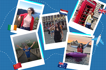 Polaroid-inspired photo collage of Aghigh Banitaba, Kailani Kainoa-Rivas, Audrey Ohwobete, Natalie Carrillo Andrade and Judson Aiken against a blue background.