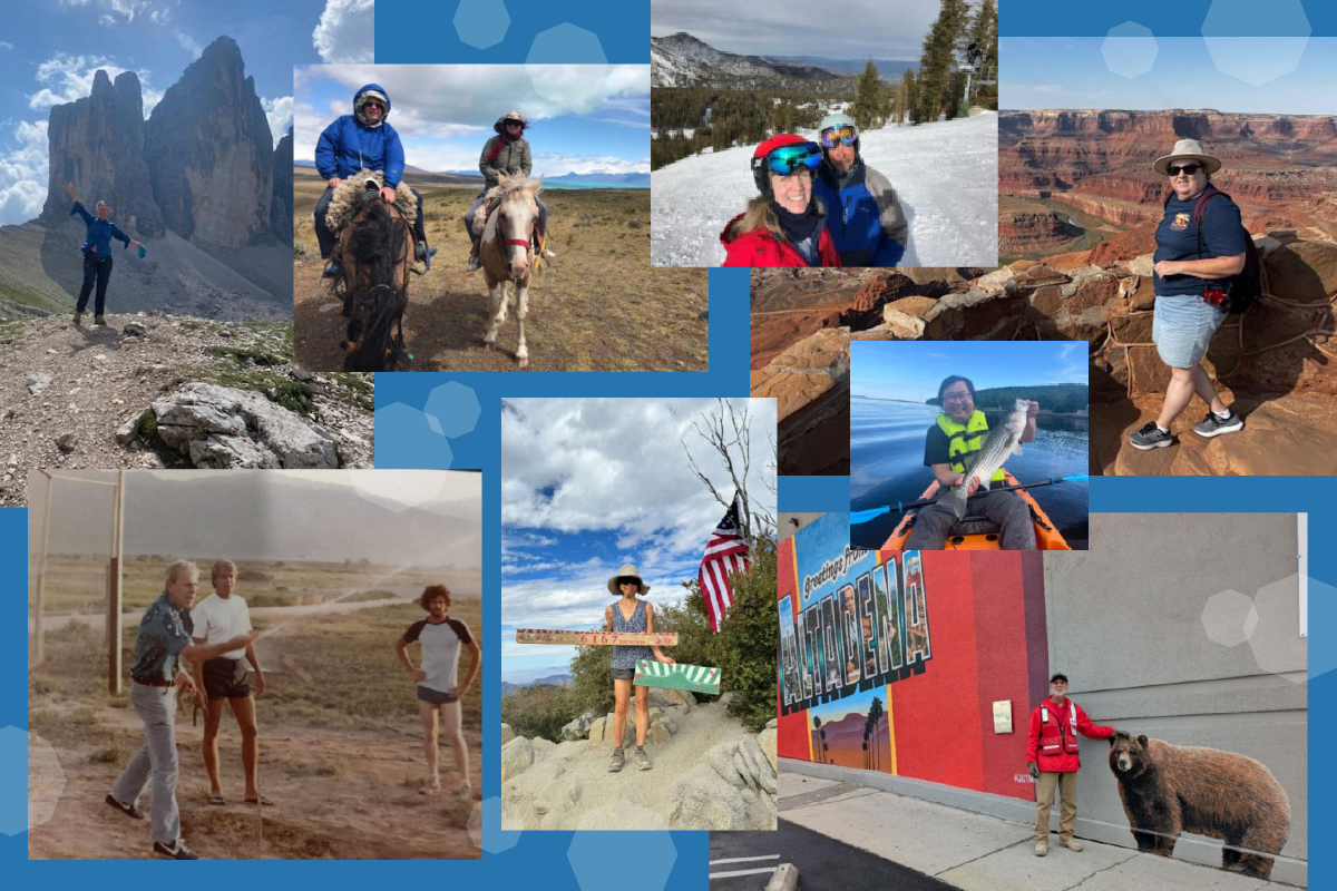 A collage of phots featuring alumni of the ESS class of 1985 against a blue background. 