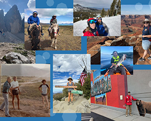 A collage of phots featuring alumni of the ESS class of 1985 against a blue background.