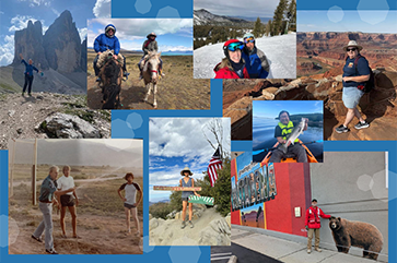 A collage of phots featuring alumni of the ESS class of 1985 against a blue background.