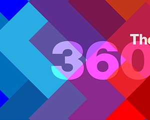 “The 360” against blue, purple and red background pattern