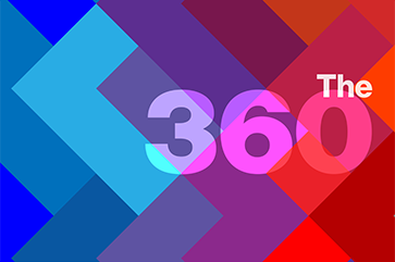 “The 360” against blue, purple and red background pattern