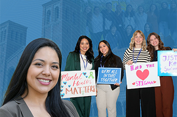 composite of Jocelyn Meza, Royce Hall and students
