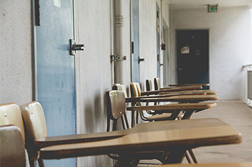 A row of empty school desks