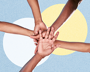Five outstretched hands on top of each other against a light blue background with a white and yellow circle