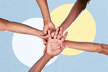 Five outstretched hands on top of each other against a light blue background with a white and yellow circle
