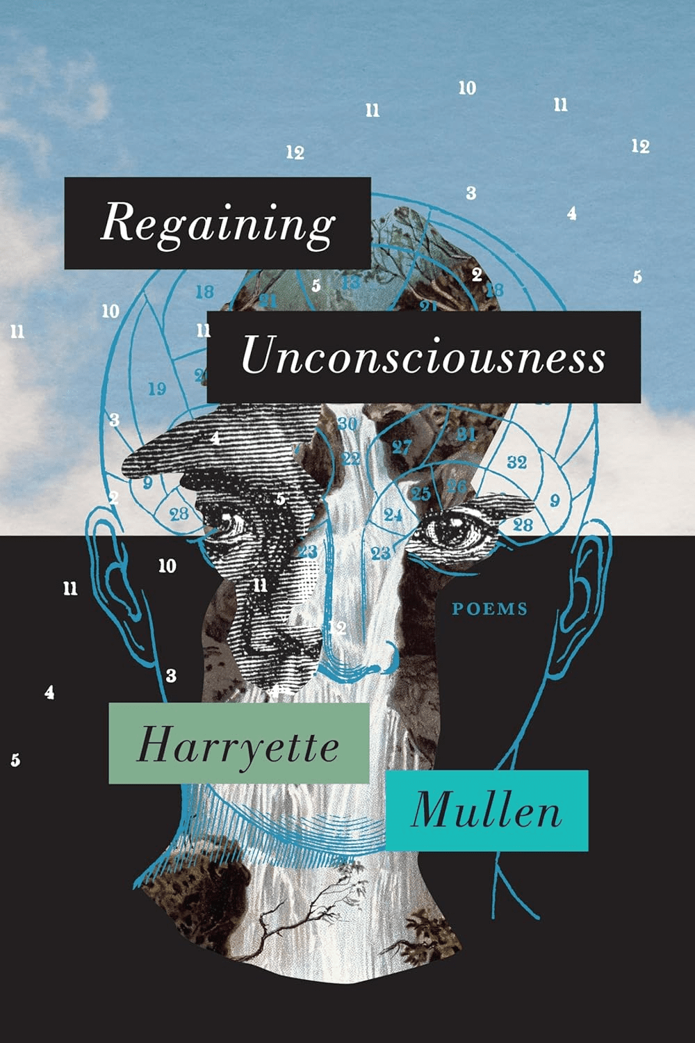 Book cover for Regaining Unconsciousness: Poems by Harryette Mullen, featuring a collage of a face with anatomical lines, numbers, and clouds in the background. The title and authors name are overlaid in various blocks.
