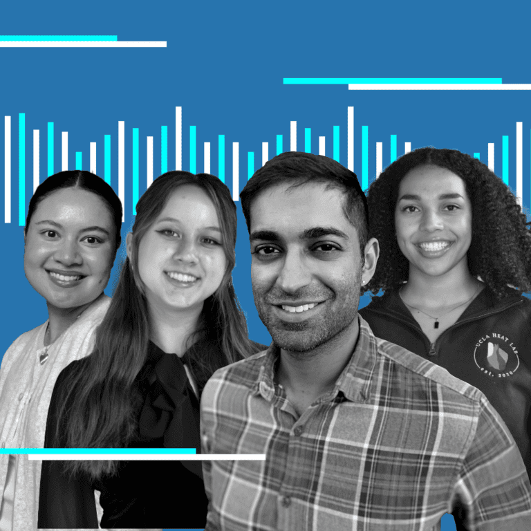 Four smiling people stand in front of a blue background with white and turquoise graphic lines and bars resembling a soundwave. The people appear in black and white, while the background is colorful.