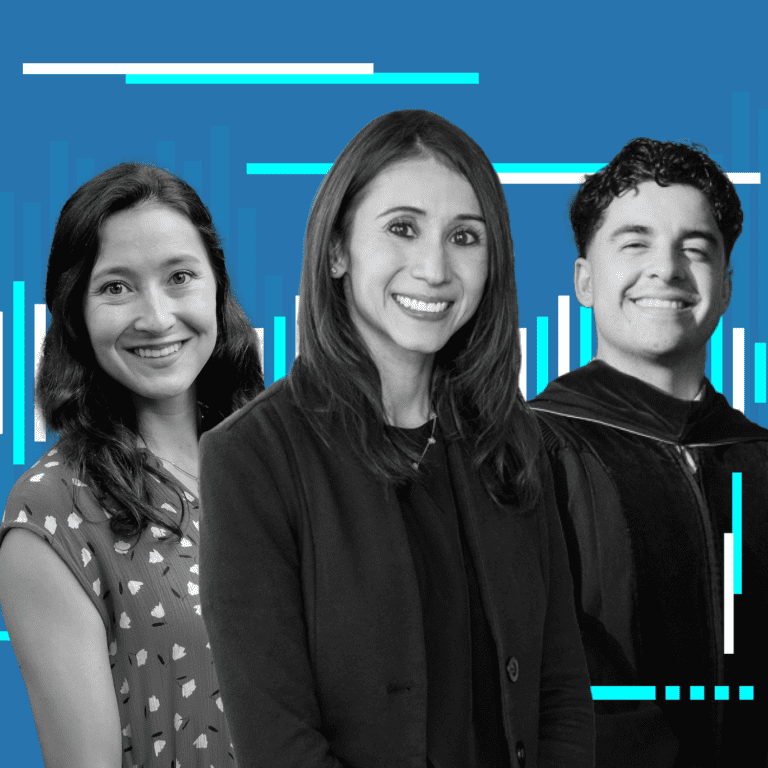 Three smiling people, two women and one man, stand in front of a blue background with white and turquoise graphic lines and bars. The women wear business and casual attire; the man wears a graduation gown.