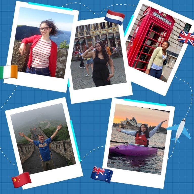 A collage of five people posing at landmarks: cliffs (Ireland), a plaza (Netherlands), red phone booth (UK), Great Wall (China), and kayaking near the Sydney Opera House (Australia), with matching country flags on a blue grid background.