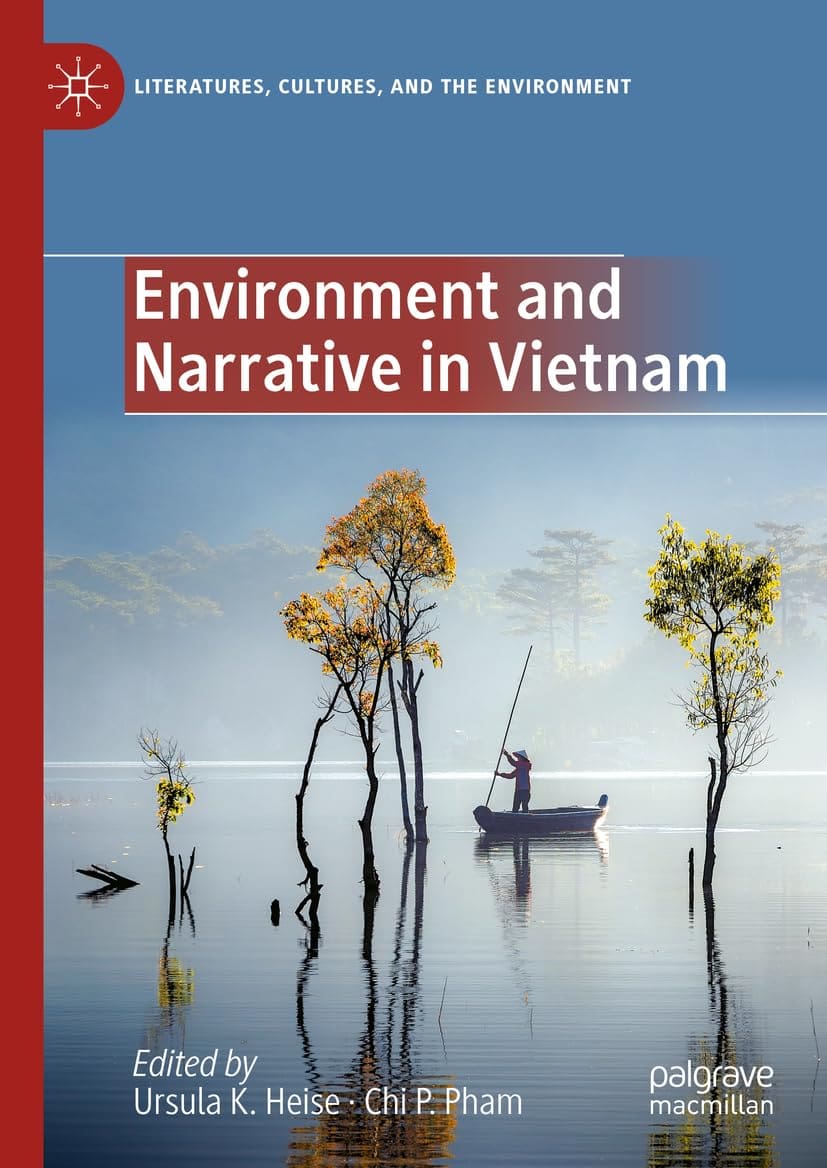Cover of the book Environment and Narrative in Vietnam, featuring a person standing on a small boat amid flooded trees with calm water reflections. The sky is overcast, and the scene is peaceful and serene.