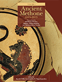 Cover of the book Ancient Methone, 2003-2013, featuring ancient Greek pottery art with a mythological creature and text in a maroon box at the top, edited by S. P. Morris and others.