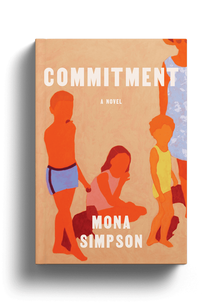 Book cover for Commitment by Mona Simpson, featuring abstract, colorful illustrations of four people, including two standing, one sitting, and one kneeling, against a soft beige background.