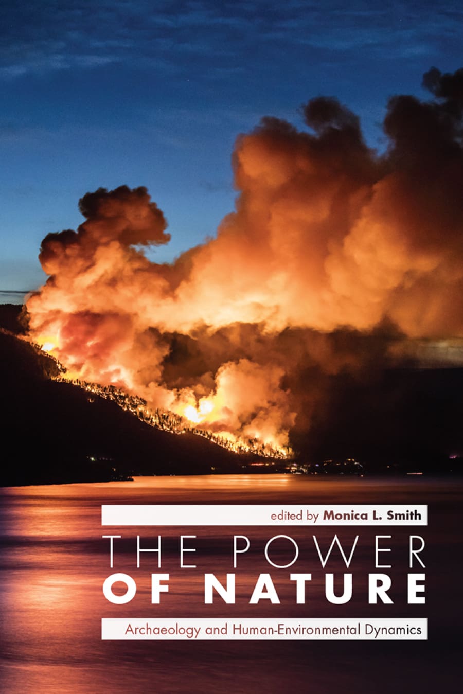 A large wildfire burns on a hillside at night, with thick orange smoke rising into the dark sky and its reflection visible on a nearby body of water. The book title reads The Power of Nature.