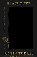 Book cover of Blackouts by Justin Torres, featuring gold text on a black background with an ornate gold design on the left side and a large black rectangle in the center.