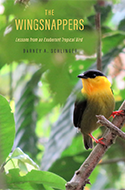 Book cover of The Wingsnappers featuring a small yellow and green bird perched on a branch amidst lush green foliage, with the title and author’s name overlaid on the image.