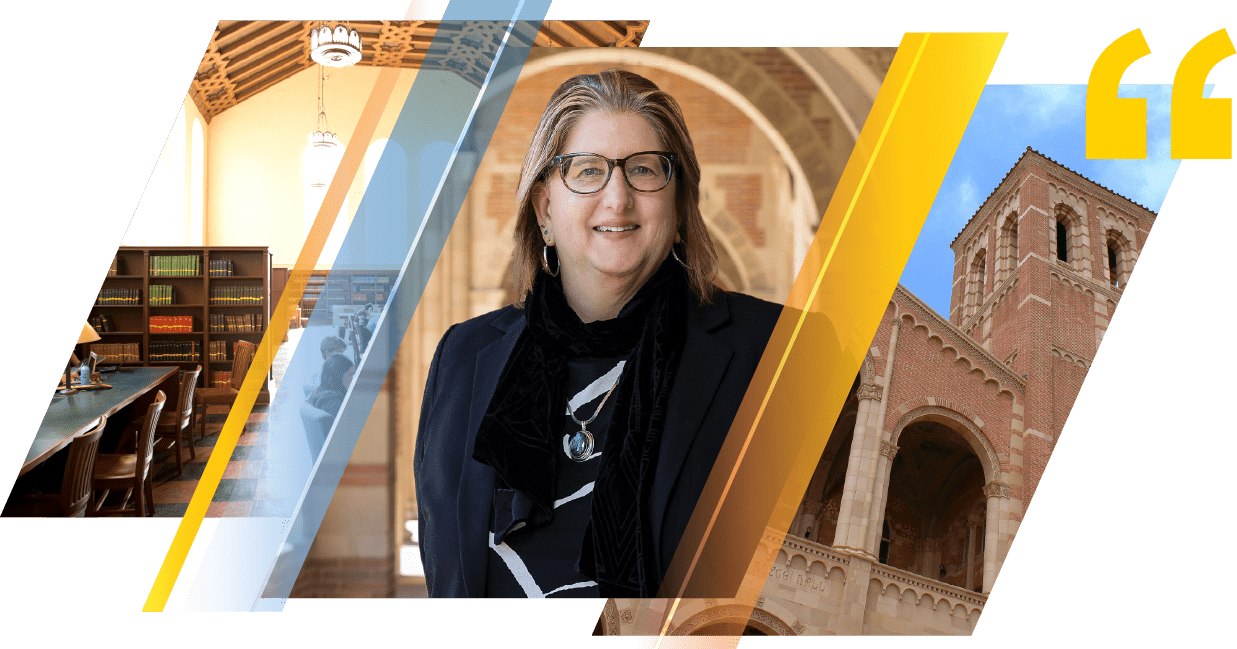 A woman with glasses and long hair, wearing a black jacket and scarf, stands smiling. The background is a collage of a library, an arched ceiling, and a brick building with a tower and blue sky.