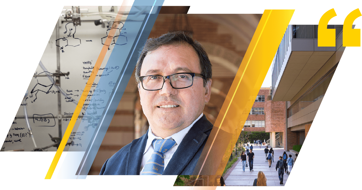A man in a suit and glasses is centered in a collage with chemistry diagrams, a campus building, and students walking, overlaid with yellow diagonal lines and quotation marks in the top right corner.