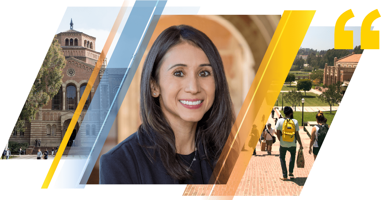 A woman with long dark hair smiles at the camera. She is wearing a dark blazer. Behind her are diagonal bands showing a university campus with brick buildings, trees, and students walking, along with yellow quotation marks.
