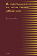 Book cover titled The Divine/Demonic Seven and the Place of Demons in Mesopotamia by Gina Konstantopoulos, featuring gold lines on a maroon background with the publishers logo at the bottom.