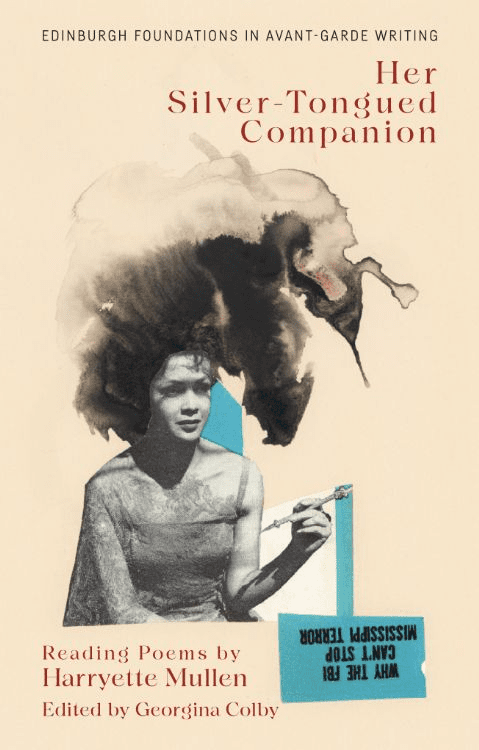 Book cover for “Her Silver-Tongued Companion” features a grayscale photo of a woman in a textured dress, holding an object, merged with abstract dark clouds above her head. Text details title and credits in red and black fonts.