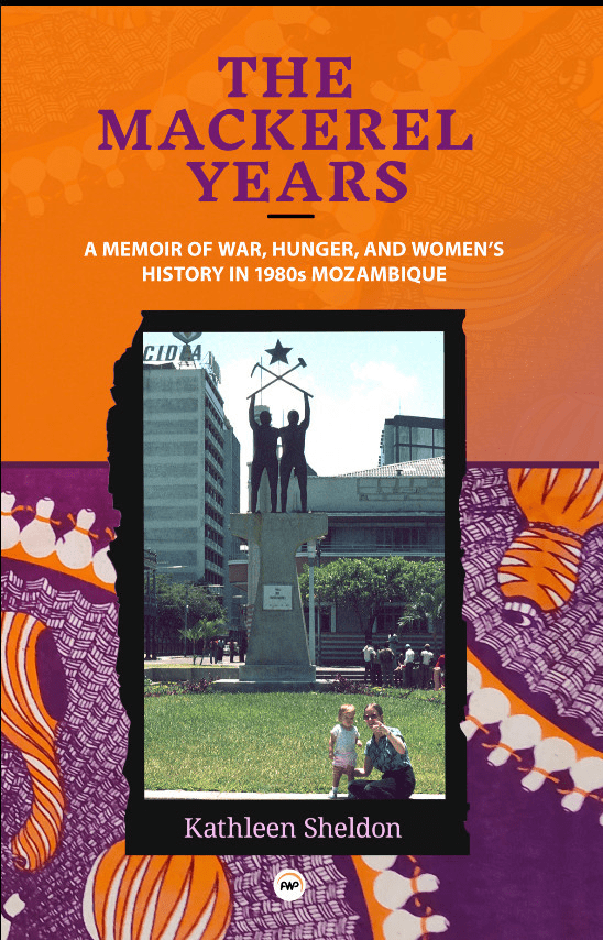 Book cover for The Mackerel Years by Kathleen Sheldon, featuring a photo of a monument with two figures holding a star, set in an urban plaza, with purple and orange patterned borders and bold yellow and purple text.