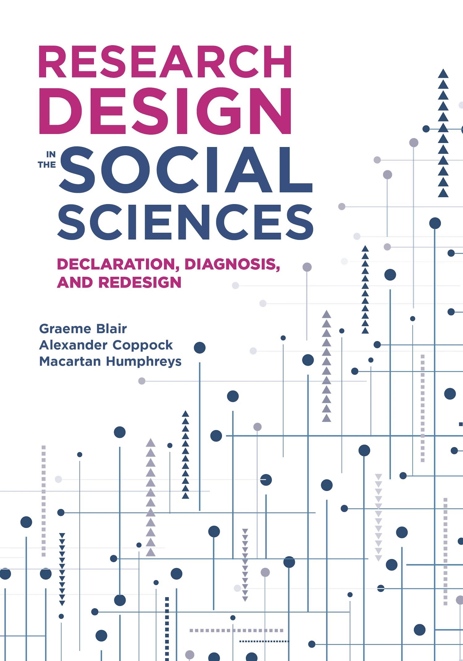 Book cover titled Research Design in the Social Sciences: Declaration, Diagnosis, and Redesign by Graeme Blair, Alexander Coppock, and Macartan Humphreys, with abstract lines and arrows in blue, pink, and gray.