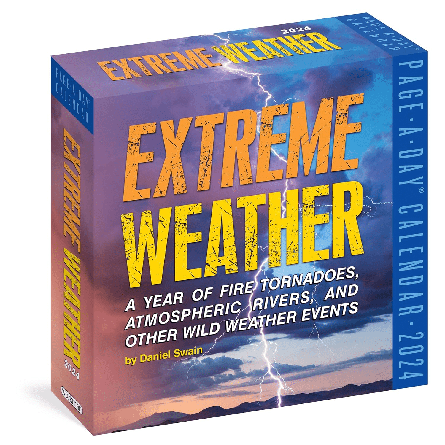 A 2024 page-a-day calendar titled Extreme Weather with lightning striking in a stormy sky and text describing a year of fire tornadoes, atmospheric rivers, and other wild weather events.