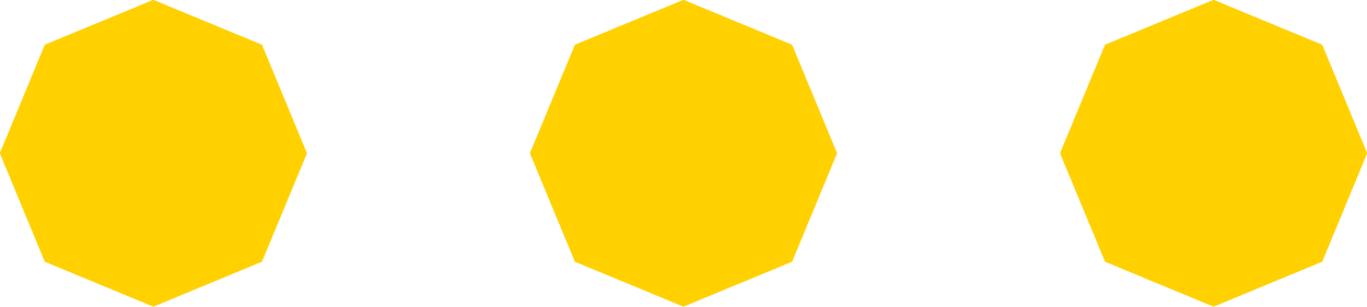 Three yellow octagons are evenly spaced in a horizontal row on a light gray background.