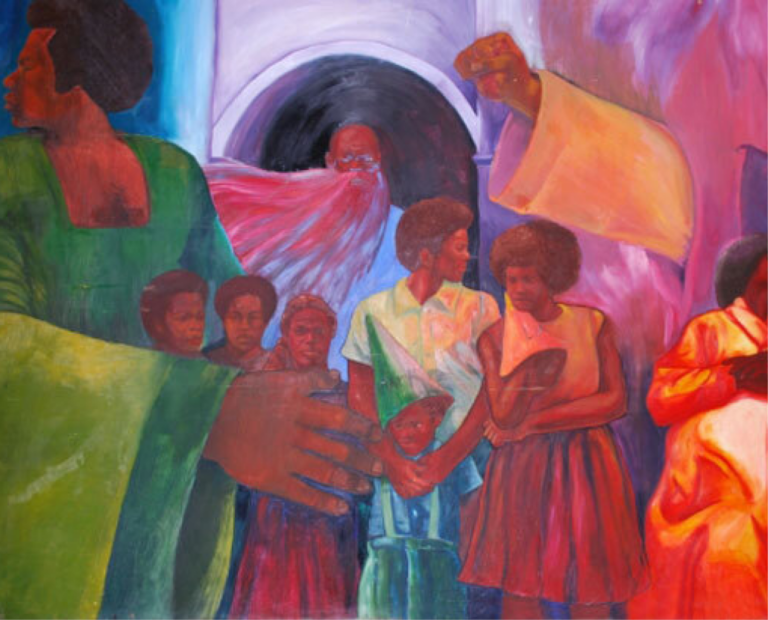A colorful painting depicts several Black figures, including women and children, standing together with somber expressions. Large overlapping hands reach across the foreground, and a ghostly face appears in the background archway.